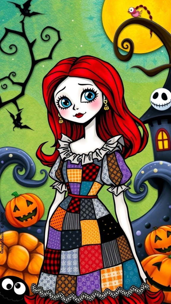 Artistic icon of Sally from The Nightmare Before Christmas with a patchwork dress and red hair.